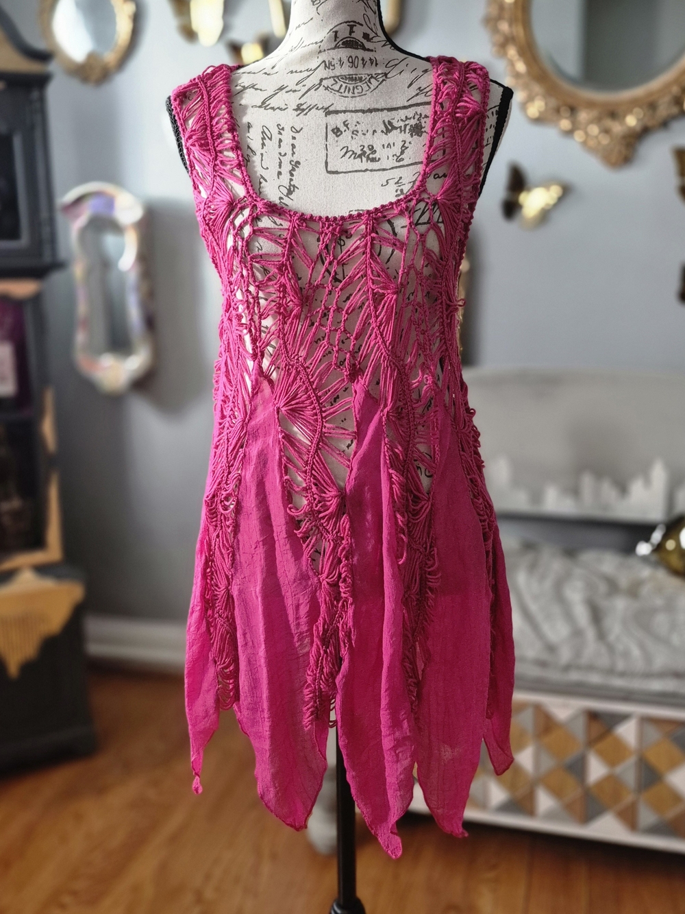 Boho Hot Pink Crochet-Detail Sleeveless Tunic Medium